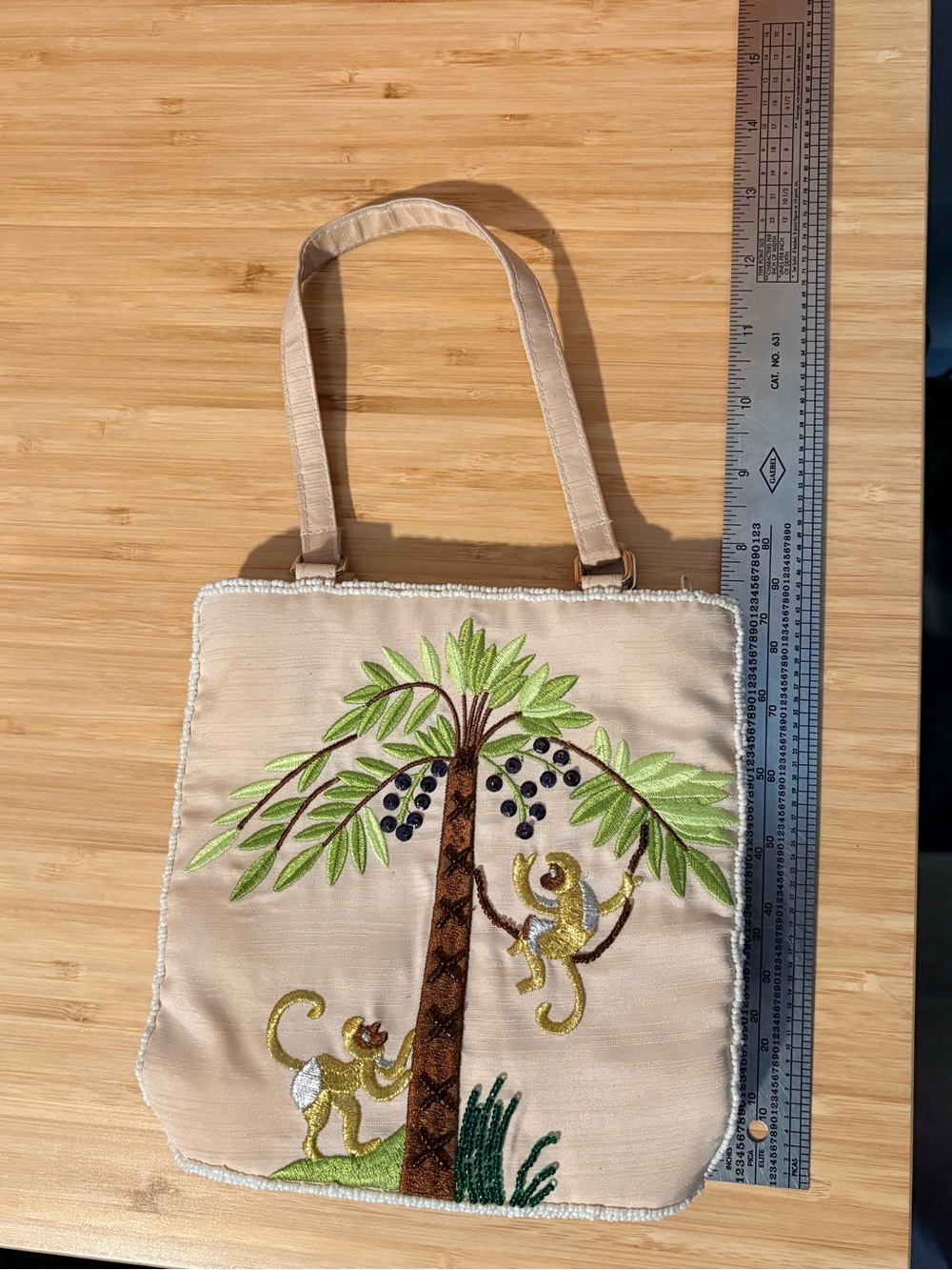 Embroidered Beaded Palm Tree & Monkey Mini Tote Bag Purse Beige Green Brown - Picture 5 of 7